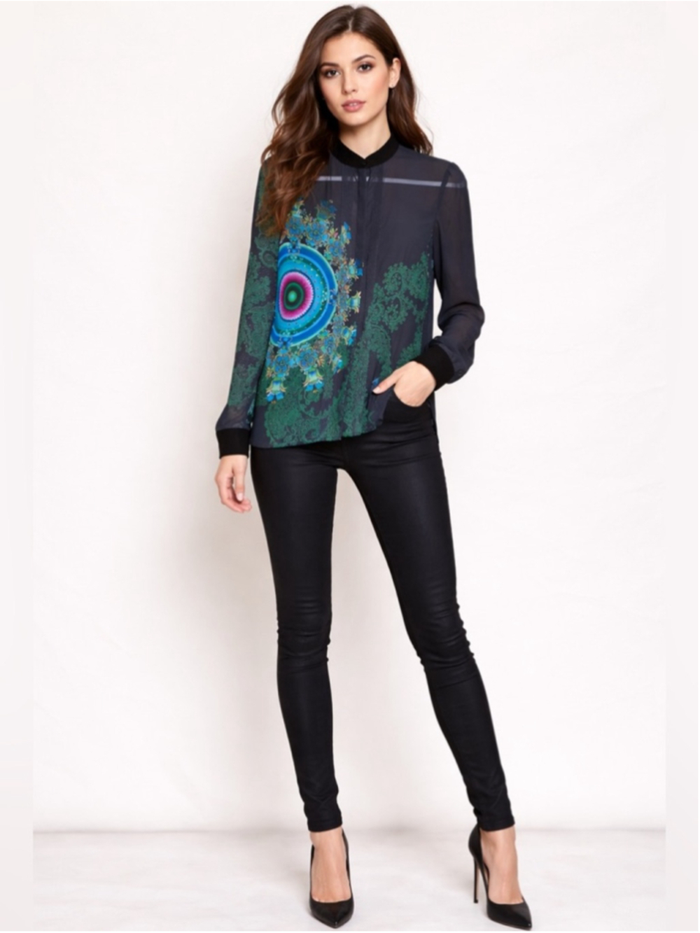 Desigual Black Sheer Blouse with Green, Turquoise & Pink Medallion Print